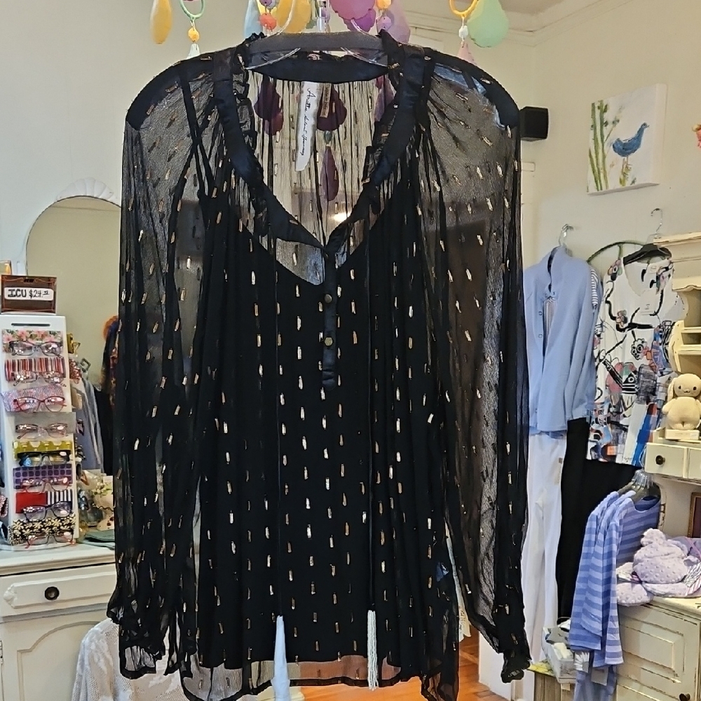 Aratta Black Sheer Blouse with Gold Accents